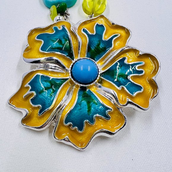 Golden Yellow & Turquoise Enameled Flower Pendant 16” Silver Toned Necklace - Picture 4 of 7
